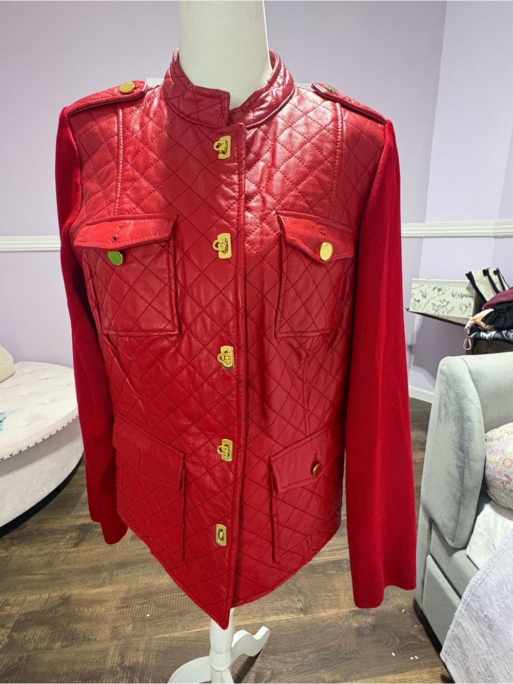 Peter Nygard Quilted Red Utility Jacket with Gold Buttons